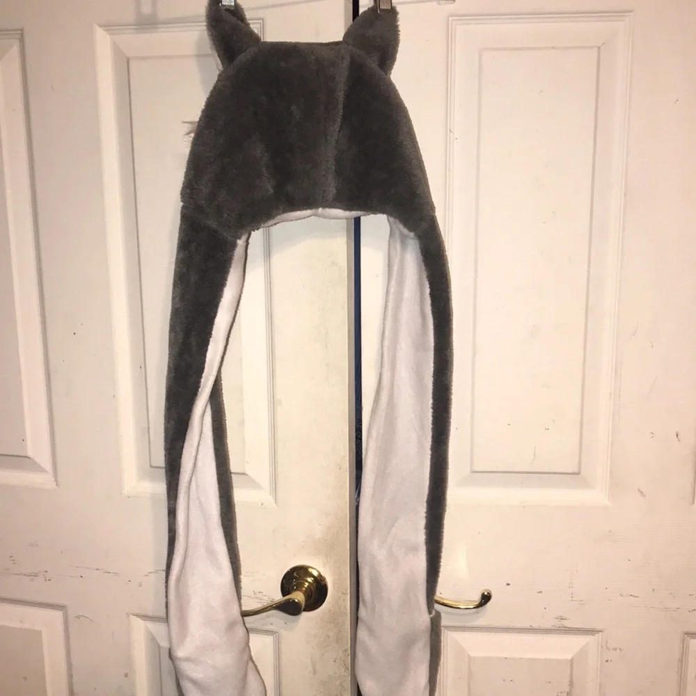 Gray Wolf Plush Hat with Paws